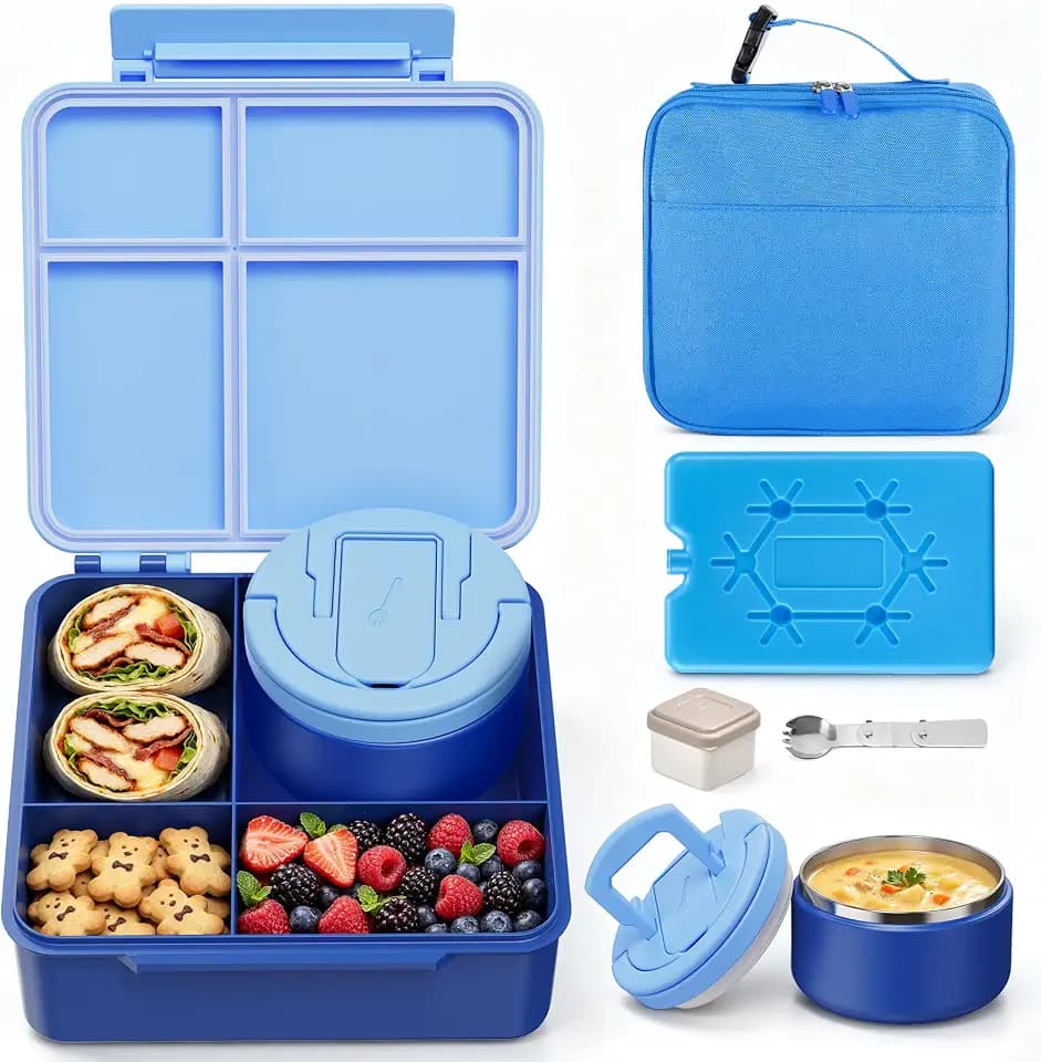 MAXSO Bento Lunch Box Set with 8 oz Soup Thermo, Kids Leakproof 4 Compartments Hot Food Container with Sauce Cup, Ice Pack and Lunch Bag, Child Insulated Food Jar for School - Blue