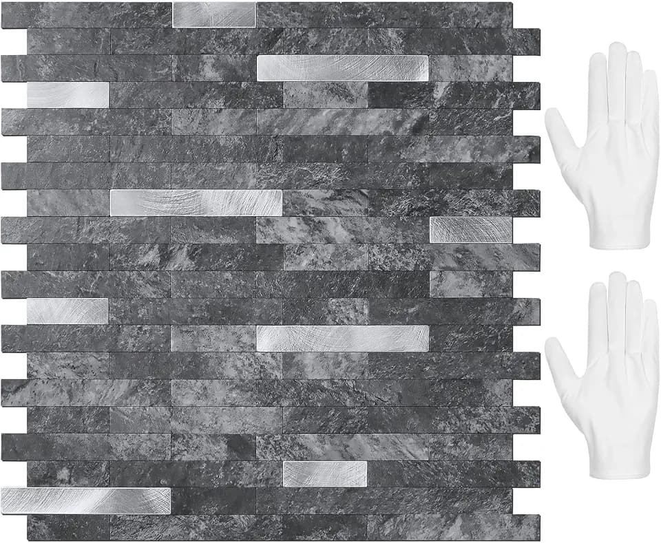 STICKGOO Peel and Stick Backsplash,PVC Wall Tiles Stick on Backsplash for Kitchen(10 Sheets, Black Slate with Metal Silver),(12 inch x 11.7 inch)