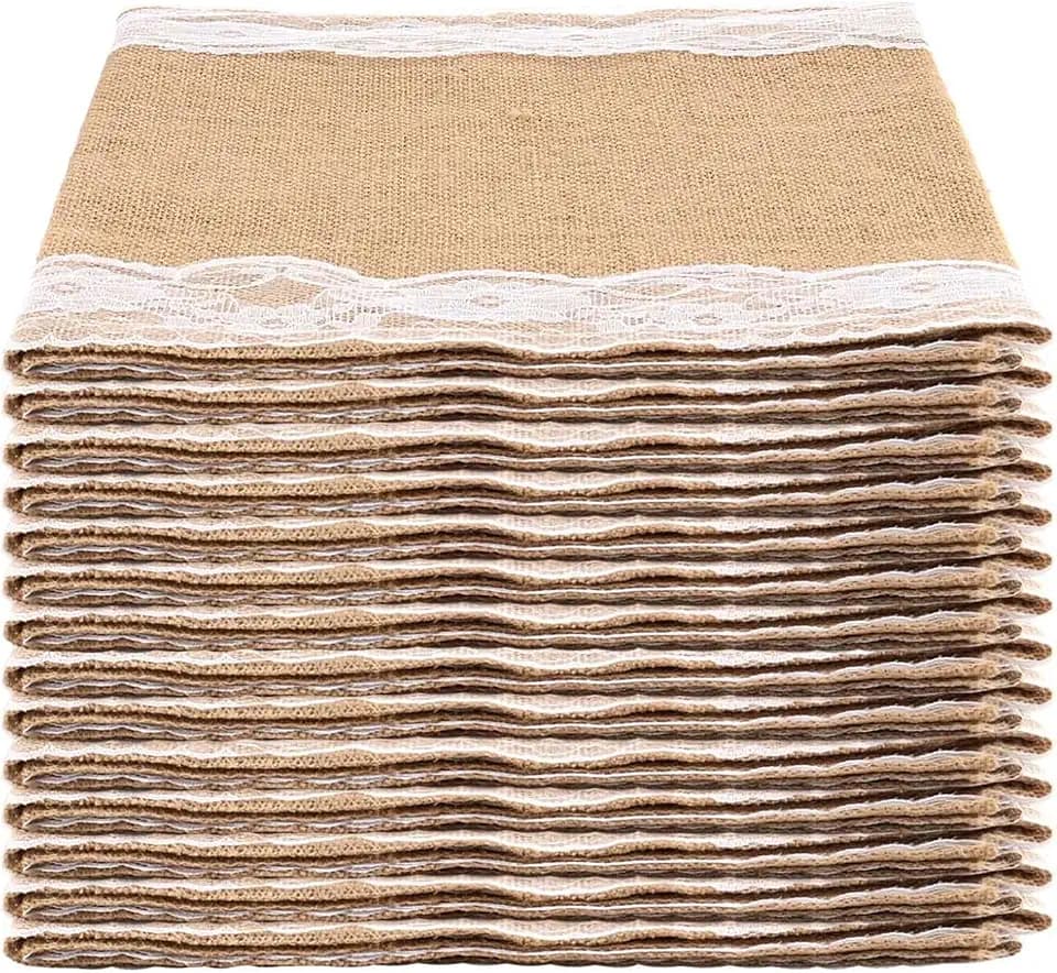15 Pack Burlap Table Runner with White Lace, 12 x 108 Inch Elegant Rustic Natural Vintage Jute Farmhouse Long Table Cloth for Wedding Thanksgiving Christmas Birthday Party Decor