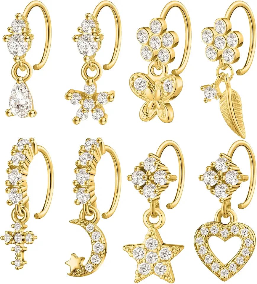 Landical 8 Pcs Dangly Nose Ring Hoop for Women Cz Copper Earring Cartilage Septum Nose Daith Tragus Helix Lip Piercing Jewelry with Butterfly Moon Star Heart Charm