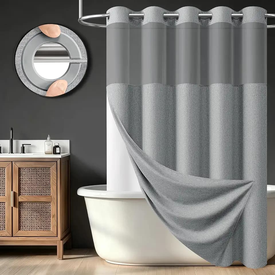 BTTN Grey Ringless Linen Textured Shower Curtain with Snap in Liner, 72x75