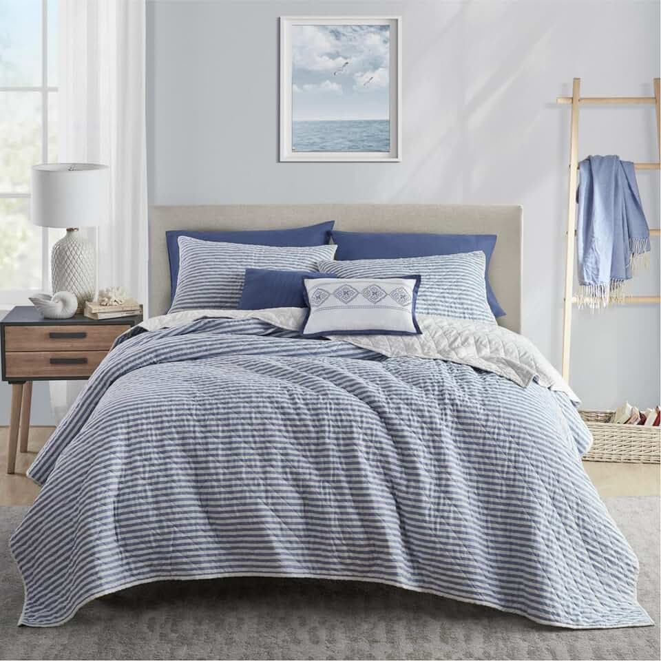 Wonderful - Blue Classic Ticking Stripe Quilt Set Queen Size, 3-Piece 100% Cotton Face & Fill Nautical Coastal Bedding, Rustic Farmhouse Bedspread Coverlet for All Season