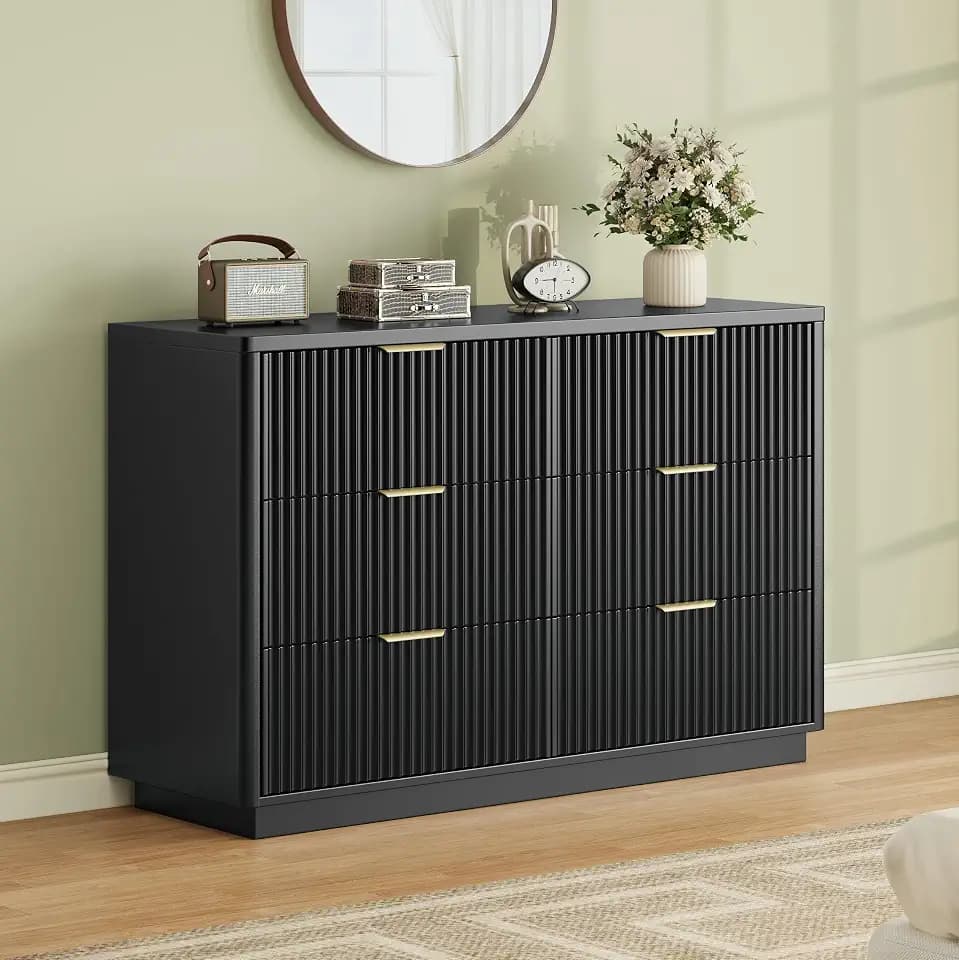 Ball & Cast Fluted Dresser for Bedroom with 6 Drawers,47" W Modern Chest of Drawers with Metal Handles,Wood Dresser TV Stand,Closet Dresser Drawers Organizer for Living Room,Hallway,Black