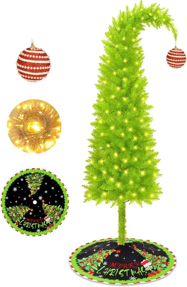 6FT Christmas Tree, Lime Green Design with Tree Skirt & Red Ball Ornament