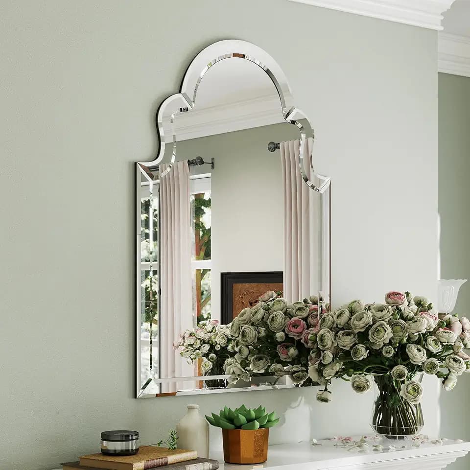 Large Arched Mirror Wall Decor, 39.4"x27.6" Scalloped Decorative Wall Mirror with Beveled Glass Frame, Bathroom, Bedroom, Living Room, or Entryway