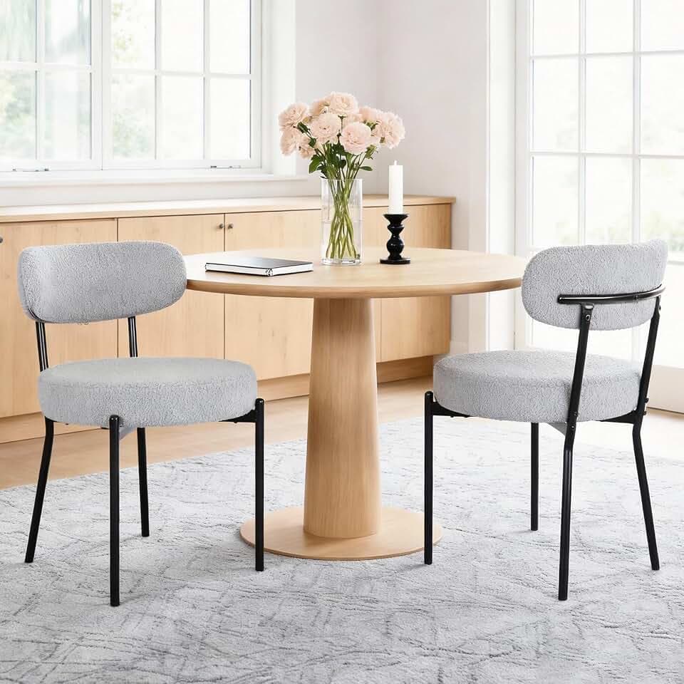 DUMOS Dining Chairs Set of 2, Mid Century Modern Chair Round Upholstered Curved Backrest, Kitchen Vanity Living Room Chairs with Black Metal Legs,Light Grey