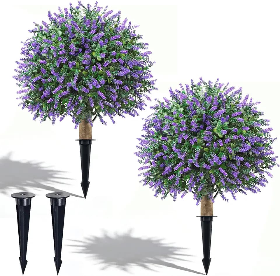 24" Artificial Boxwood Topiary Trees, UV Resistant Faux Plants Shrubs Bushes Fake Greenery Plants for Front Door Indoor Outdoor Home Decor with Metallic Spike