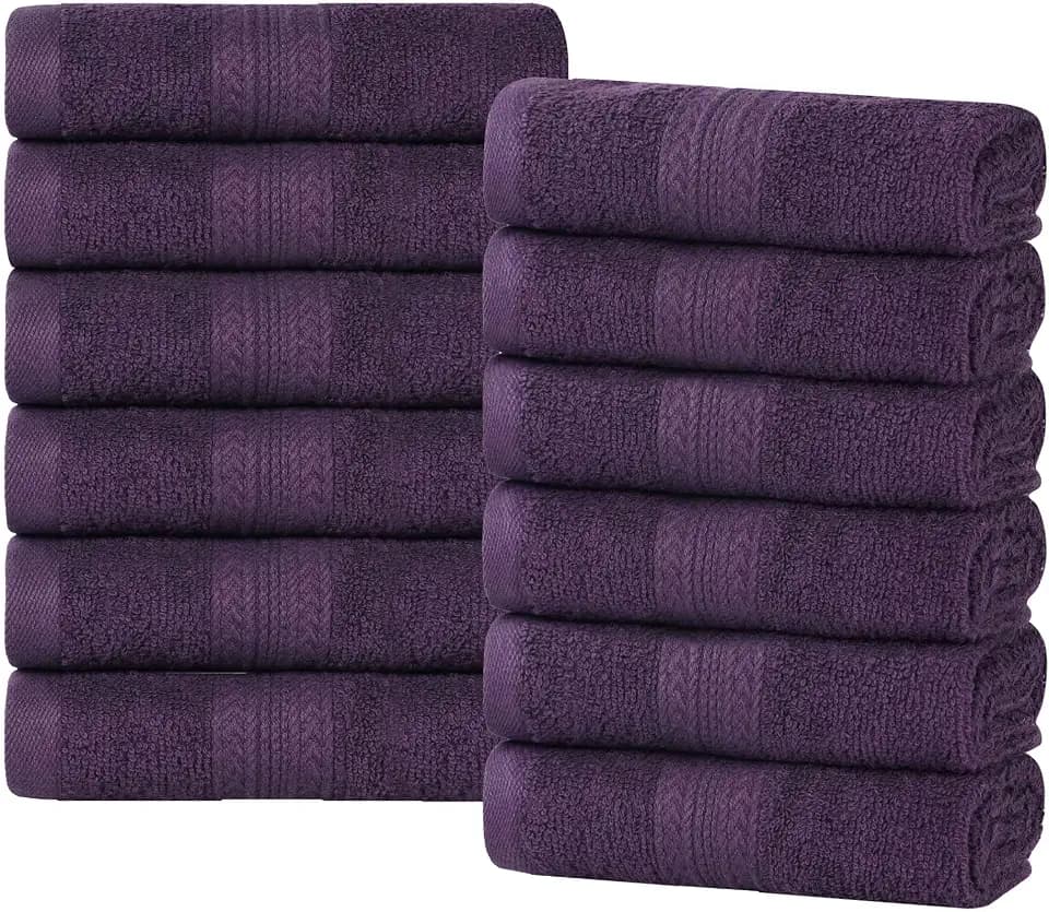 SUPERIOR Eco-Friendly Cotton 12-Piece Face Towel/Washcloth Set, Small, Fast Drying Towels for Face, Spa, Resort, Hotel, Hand, Shower, Guest Bathroom, Home, Airbnb, Apartment Essentials, Eggplant