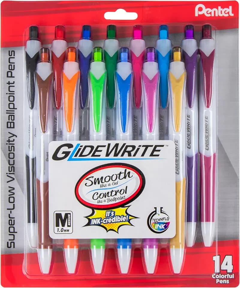 Pentel GlideWrite Ballpoint Pen, (1.0mm) Medium Line, Assorted Ink, Pack of 14 (BX910BP14M1)