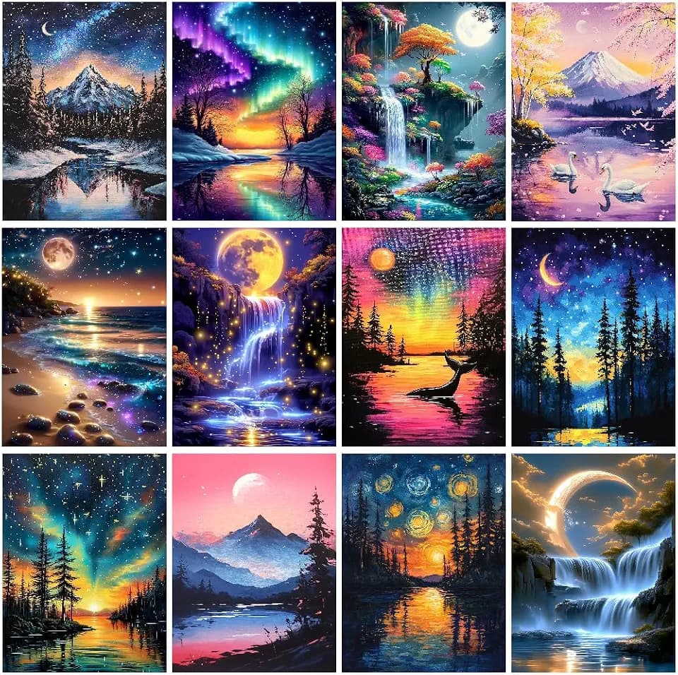 CreateJoy 12 Pack Moonlight Diamond Painting Kits for Adults, 5D Moon Diamond Art Kits for Beginners, DIY Full Drill Paint with Diamond, Home Wall Decor 12 x 16 Inch