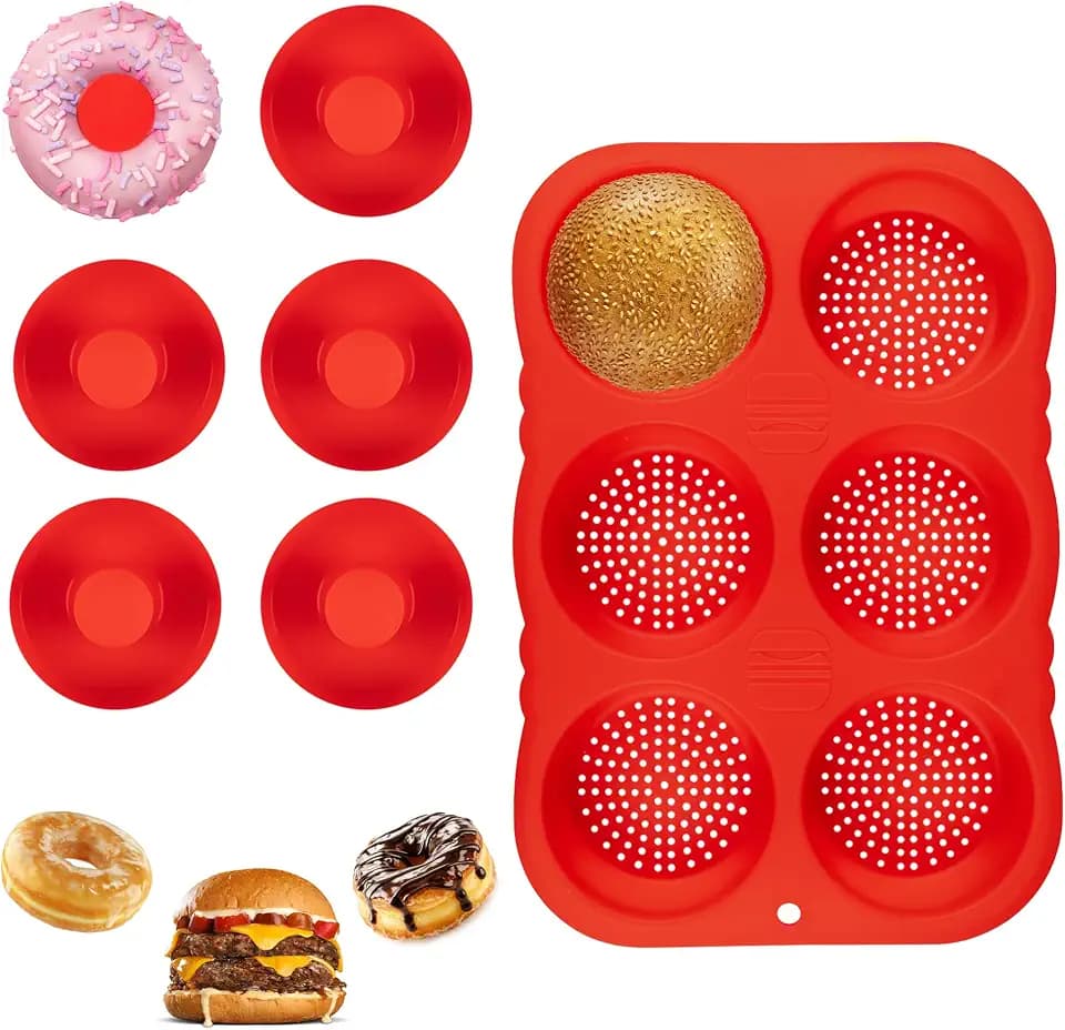 Silicone Hamburger Bun Mold and Bagel Pan, 6 Donut Inserts, 4 Inch