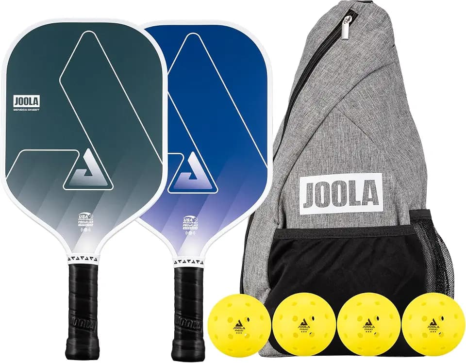 JOOLA Seneca Onset Pickleball Paddles Set of 2 - Includes: 2 Pickleball Paddles, 4 Balls & Sling Bag - Lightweight USAPA Approved Sand Blasted Surface Paddle for Increased Spin, NFC Chip Enabled