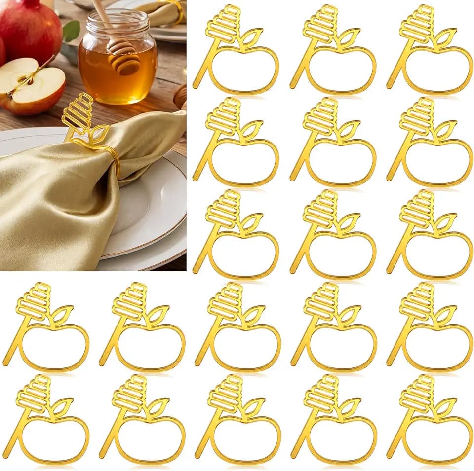 Funnymoom 20 Pcs Rosh Hashanah Decoration, Apple Honey Napkin Rings, Gold
