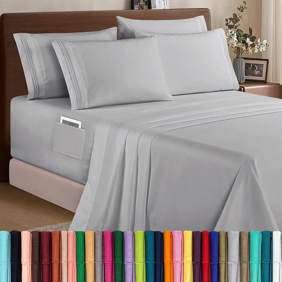 Elegant Comfort 1500 Premium Quality 6-Piece Bed Sheet Set - 18-24 Inch Extra Deep Pocket, Smart Storage Pockets, Wrinkle Free Ultra Soft 6PC Extra Deep Pocket Sheets, Full, Silver Gray