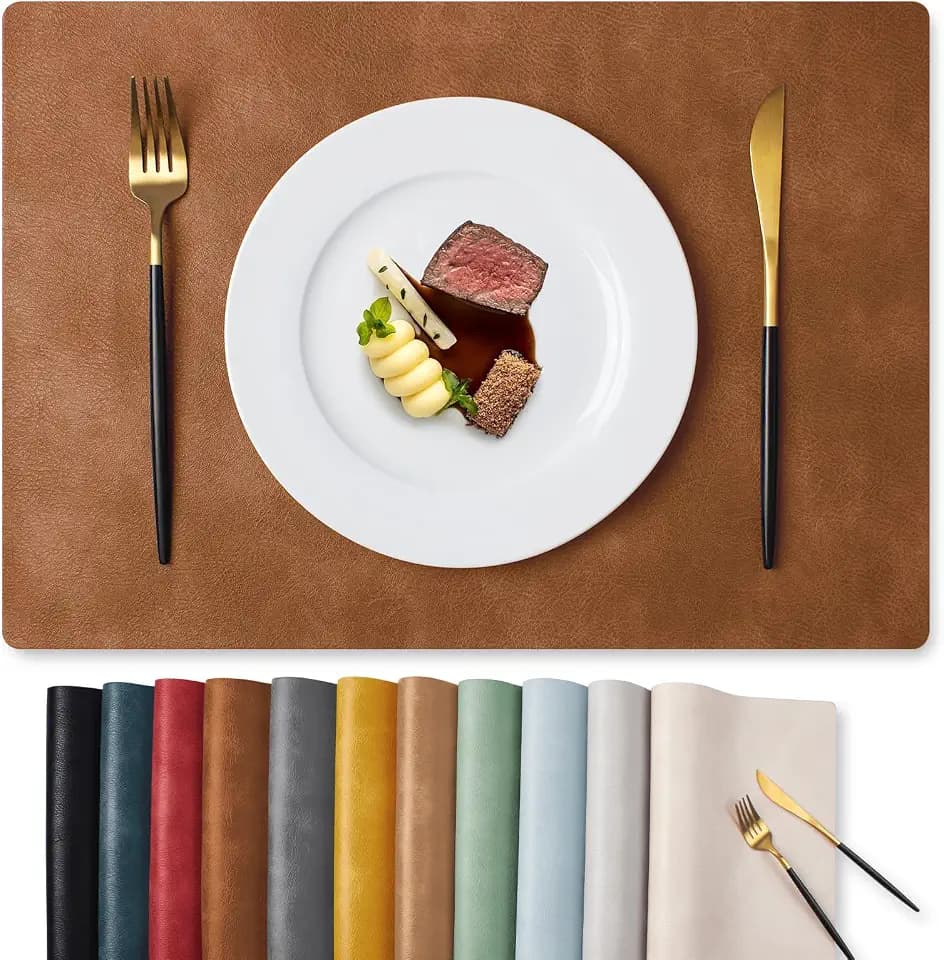 MOSAYT Fall Vinyl Faux Leather Placemats, Set of 4, Reddish Brown