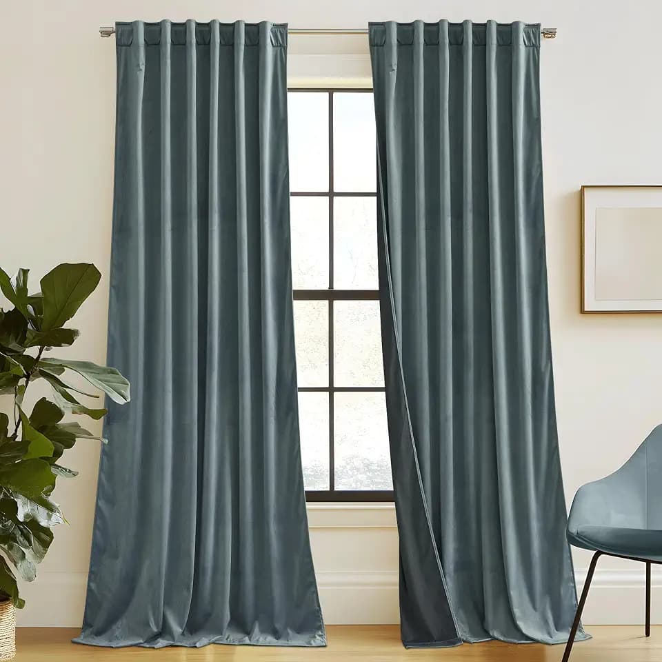 RYB HOME Dusty Blue Velvet Curtains 90 inches for Bedroom Living Room