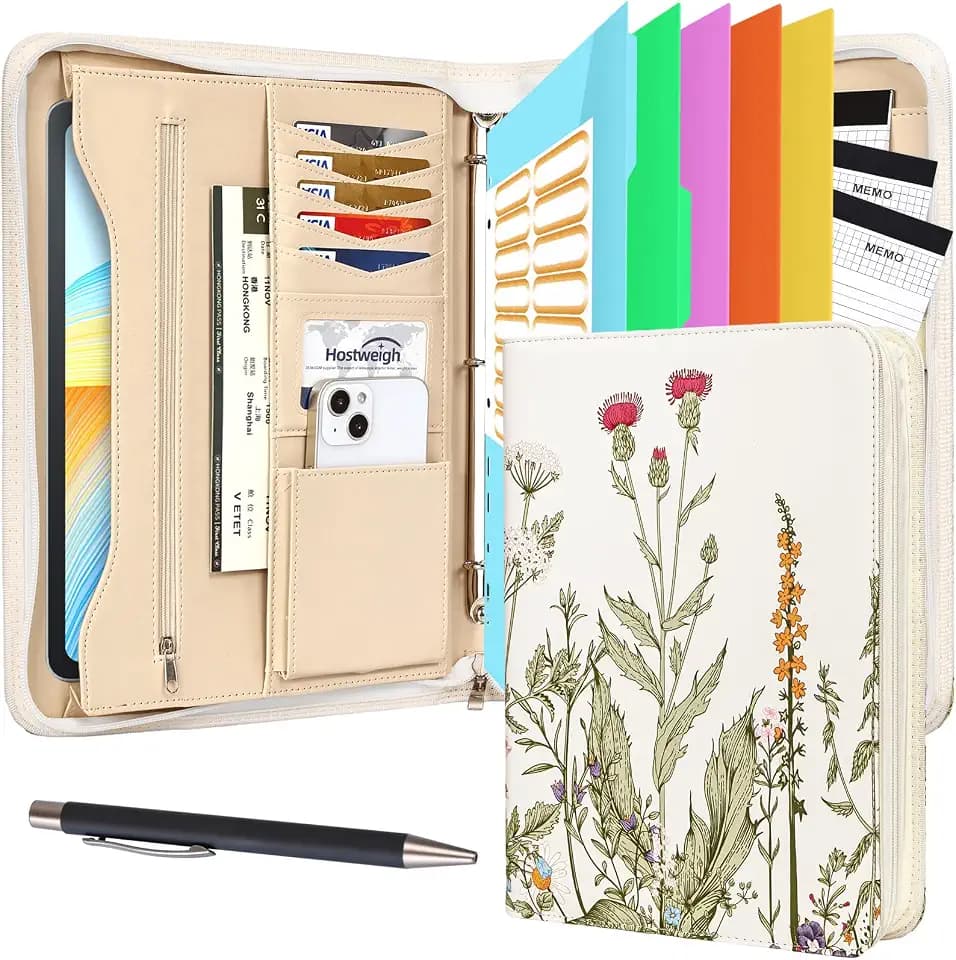 Leathario Portfolio Binder, Includes 5 Folder Index Dividers and 3 Notepads, 3-Ring Folder Organizer, Padfolio with Zipper, Vegan Leather Tablet Sleeve, Business Office Conference Clipboards