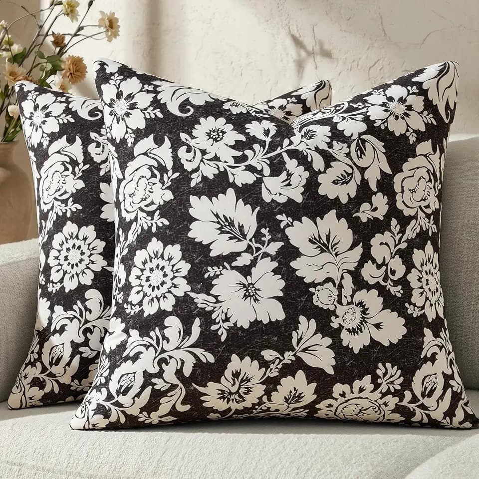 100% Cotton Black 18x18 Floral Decorative Sofa Couch Throw Pillow Covers