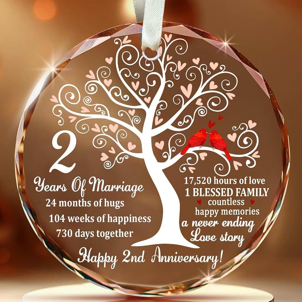 2nd Wedding Anniversary Glass Ornament – Traditional Cotton 2 Year Anniversary Wedding Gift for Him Her, 2nd Anniversary Decoration Gifts for Couple, Second Anniversary Keepsake Home Decor