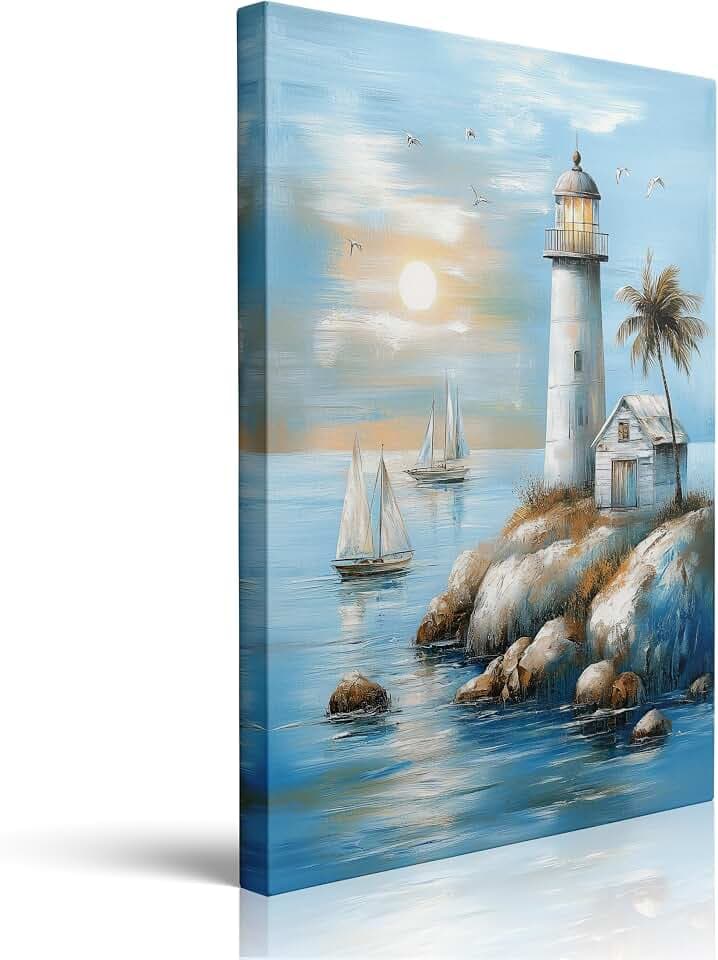 Coastal Beach Lighthouse Sailboats Seagulls Palm Tree Tropical Sunset Canvas Wall Art Framed Blue Painting Serene Ocean Seascape Nautical Wall Decor Artwork Vintage for Bathroom 16x24 Inches