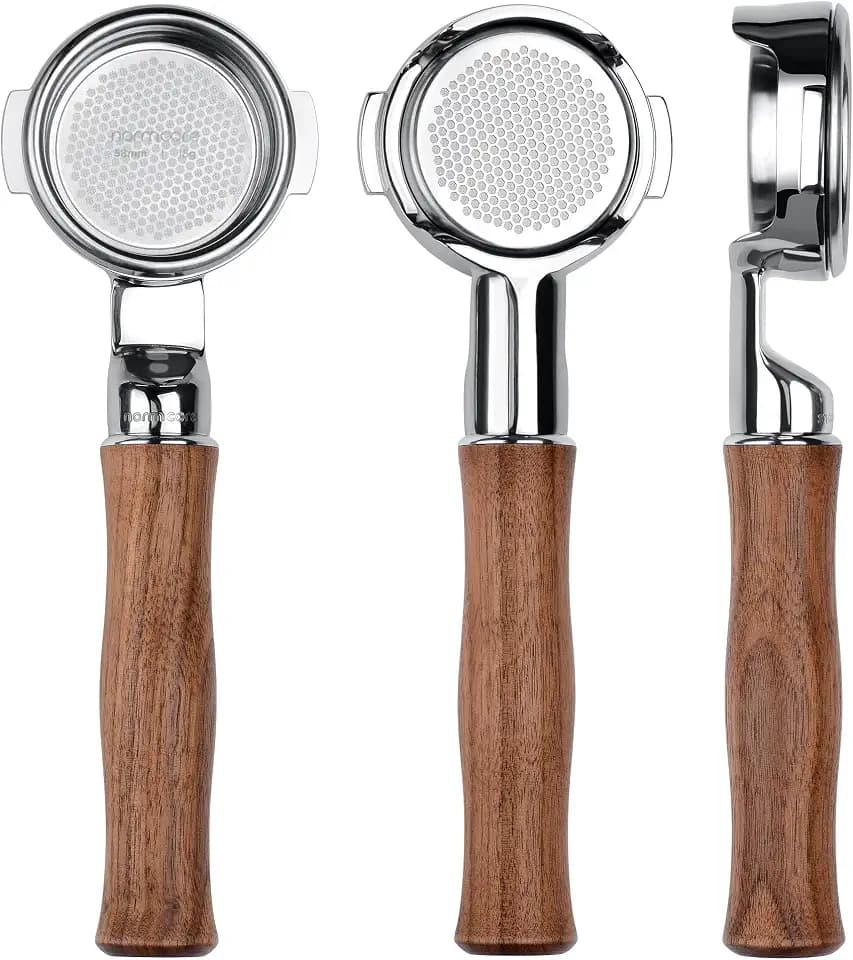 Normcore 58mm Slim Naked Portafilter with 18g Precision High Extraction Basket Fits La Marzocco Home Espresso Machines, Genuine American Walnut Handle