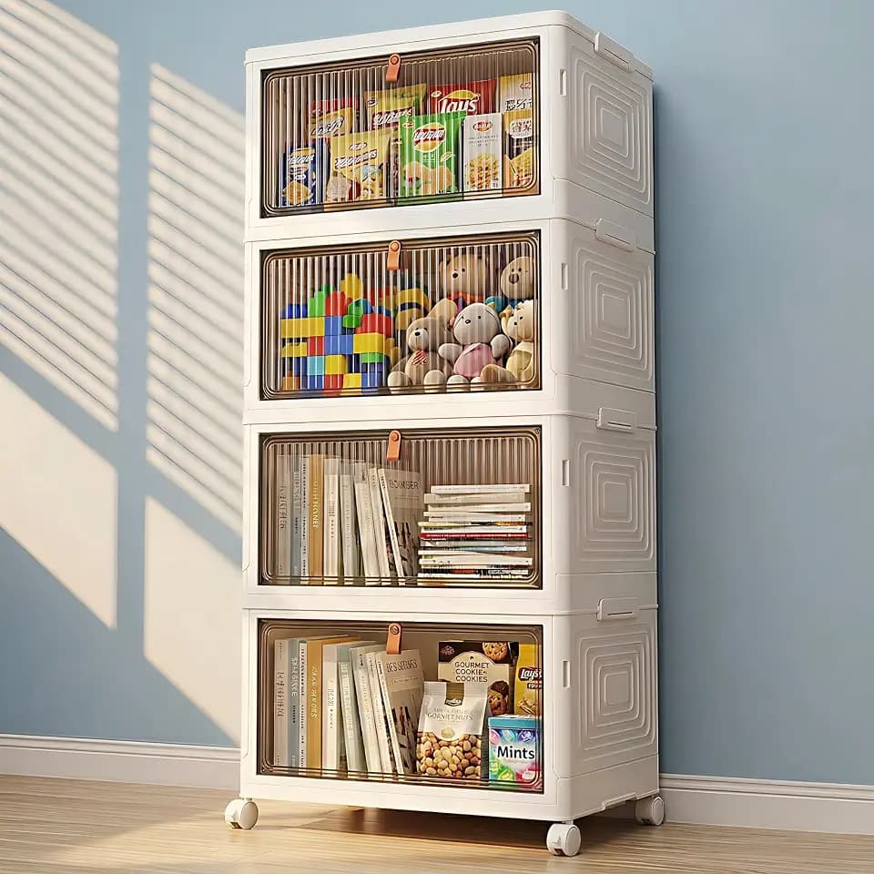 LDQ 136Qt Large Storage Bins with Lids, 4 Tier Stackable Storage Cabinet with Wheels & Clear Doors, Foldable Plastic Closet Organizer for Bedroom, Bathroom & Kitchen