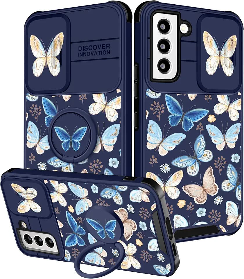 Funermei for Samsung Galaxy S22 Case - Women Girls Cute Cover Girly Kawaii Butterfly Aesthetic Pretty Blue Unique Design with Camera Cover Ring Stand Funda for Galaxy S22 Phone Cases