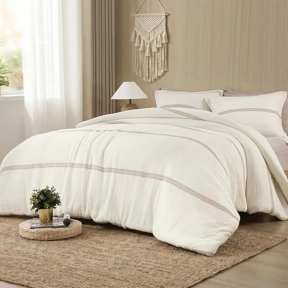 PHF Cotton Muslin Comforter Set Queen, Ultra Soft Breathable, Ivory