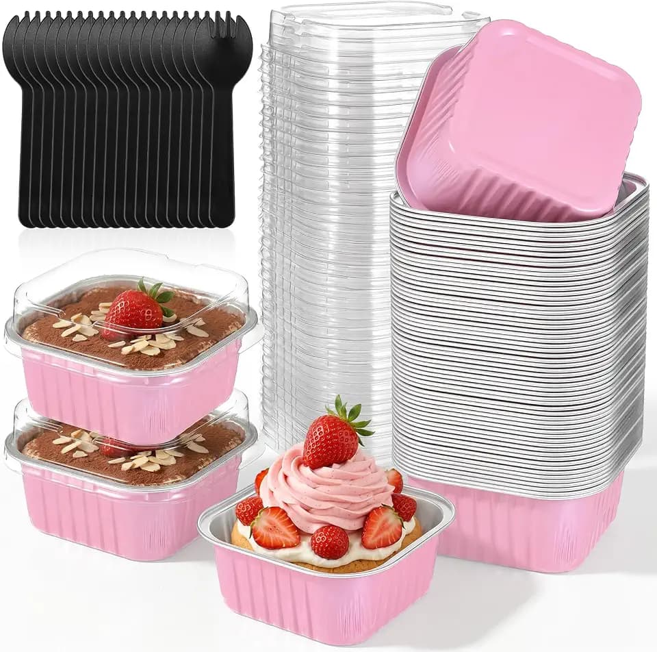 60 Pack 5oz Mini Cake Pans with Lids Aluminum Foil Square Baking Cups