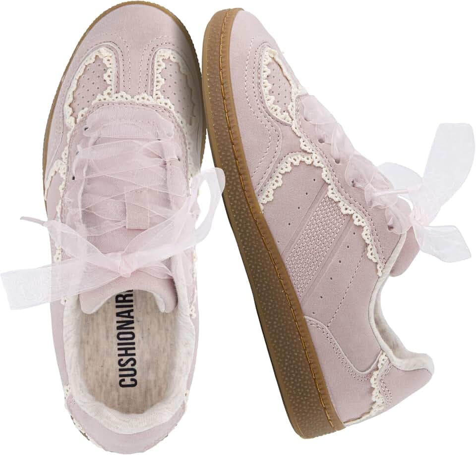 CUSHIONAIRE Belinda Lace Detail Casual Sneakers for Girls – Ribbon Lace-Up Girls Shoes with Soft Cushion Support