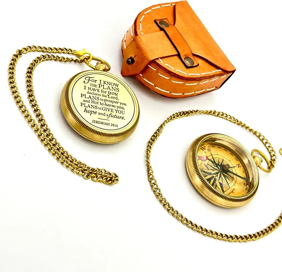 GeekGifts Jeremiah 29:11 Engraved Brass Compass Model GG0455 College Graduation Gift For Him 2026 Dad Son Men Christian Baptism First Communion Keepsake With Leather Case