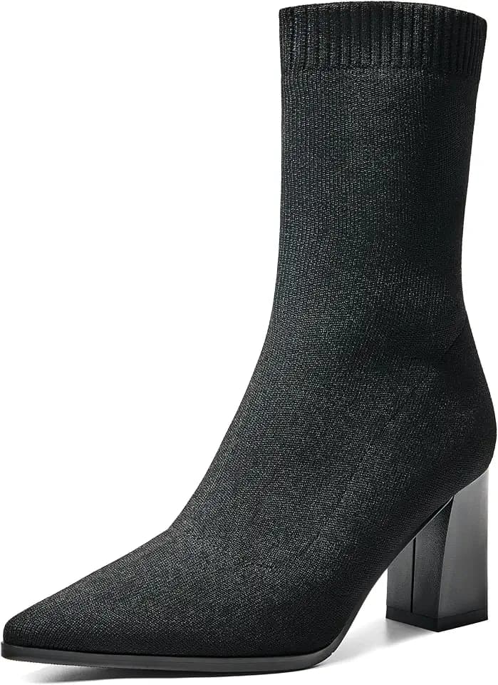 ErikenUrben Women Pointed Toe Stretch Sock Booties Block Heel Knit Boots