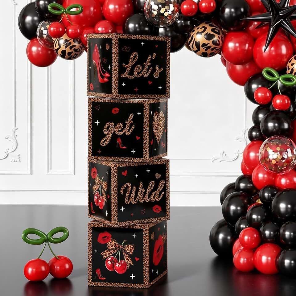 Gueevin Cheetah Print Birthday Decorations, 4 Pcs Let's Get Wild Paper Box Decor for Birthday, Bachelors, Girls' Night and Cherry Themed Party