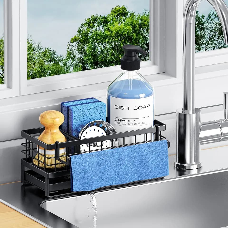 Metal Kitchen Sink Sponge Holder, Countertop Sink Caddy, Black