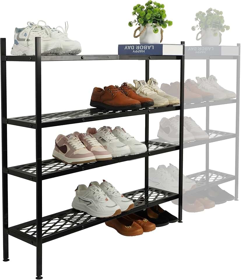 Long Expandable Metal Shoe Rack for Closet, Entryway, Garage, 4-Tier, Black