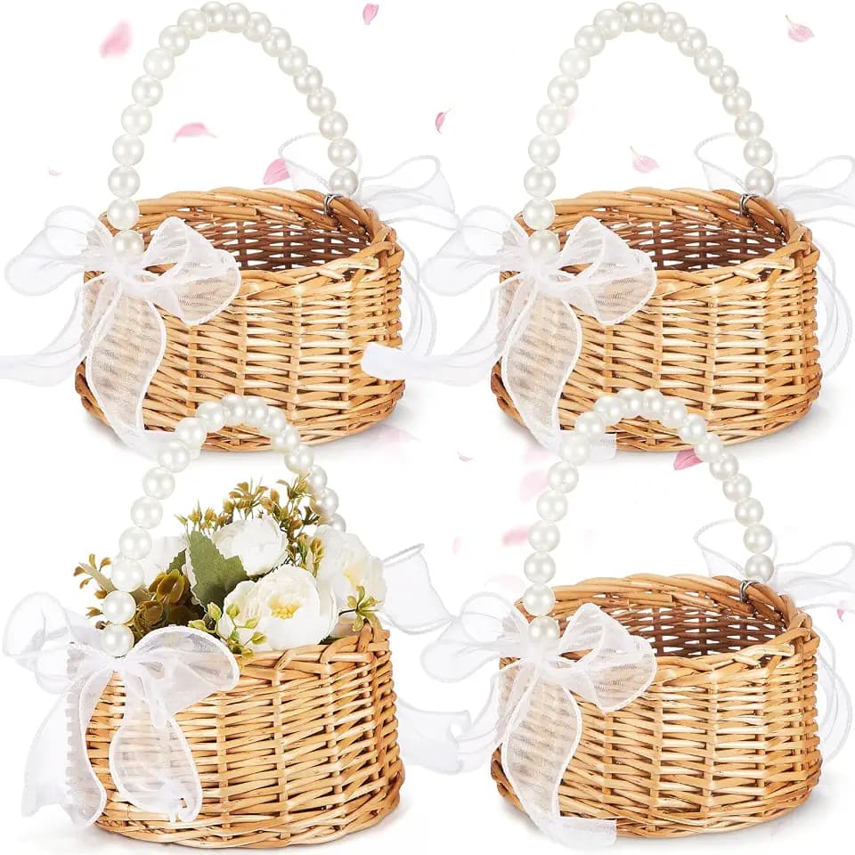 Thyle 4 Pcs Wicker Flower Girl Baskets Handled,Fishtail Yarn,Pearls