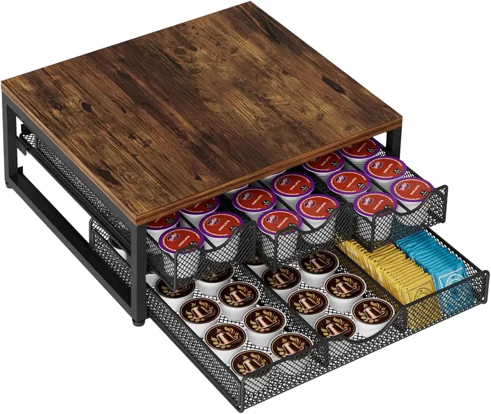 Coffee Pod Holder For Counter, 3 Pull-Out 72 K-Cup Holder Drawer, Wooden Cafe Pods Storage Organizer with Sliding Drawers for Coffee Station, Home, Kitchen, Office, Dorm (Antique Finish)