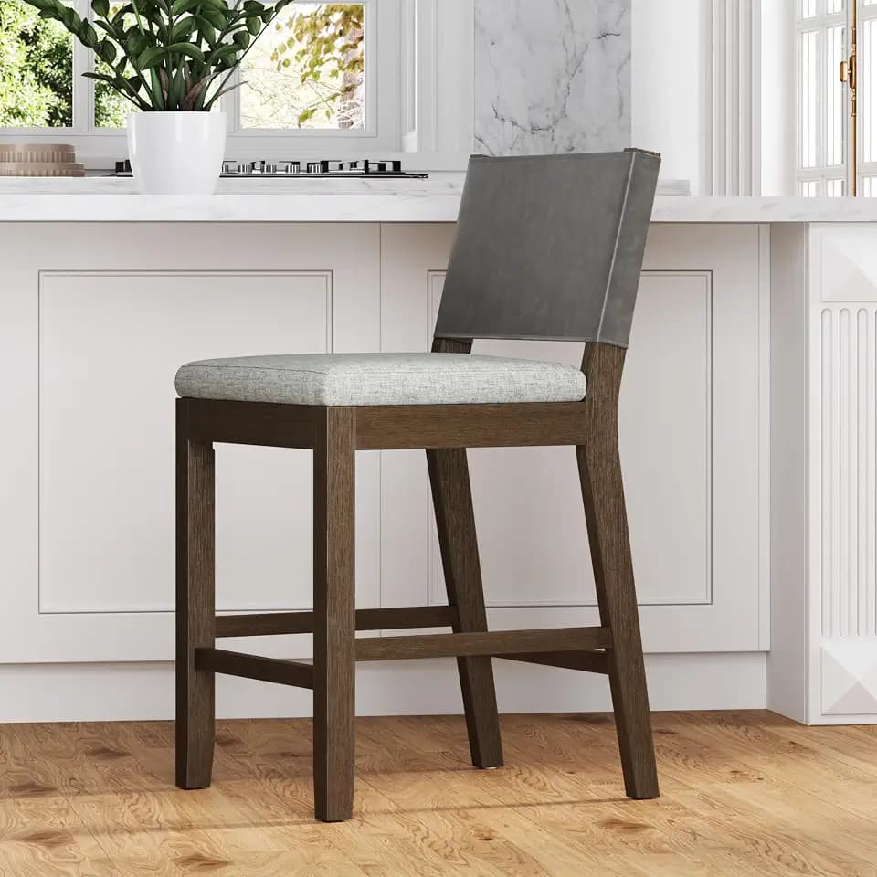 Nathan James Linus Modern Upholstered Counter Height Bar Stool with Faux Leather Back and Solid Rubberwood Legs in a Wire-Brushed Dark Brown Finish, Birch Ivory/Pewter Grey