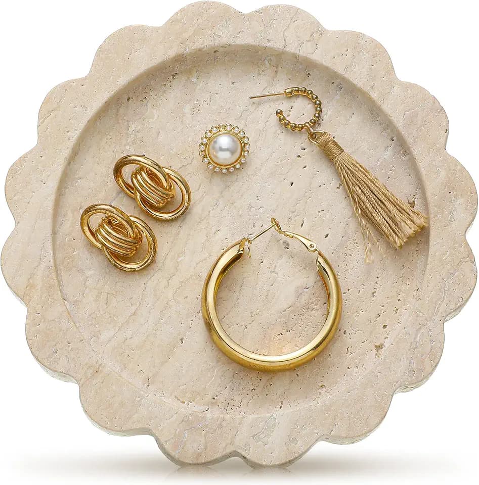 Threehoney 5.5 Inch Small Travertine Stone Tray, Round,Scallop