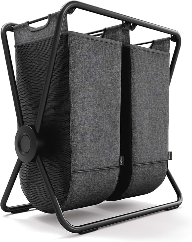 simplehuman X-Frame Hamper, Double Compartment Laundry Hamper for Bedroom Bathroom, Heavy-Gauge Steel Frame, Stain & Odor Resistant Machine Washable Bags, Easy Carry Steel Handles, Matte Black
