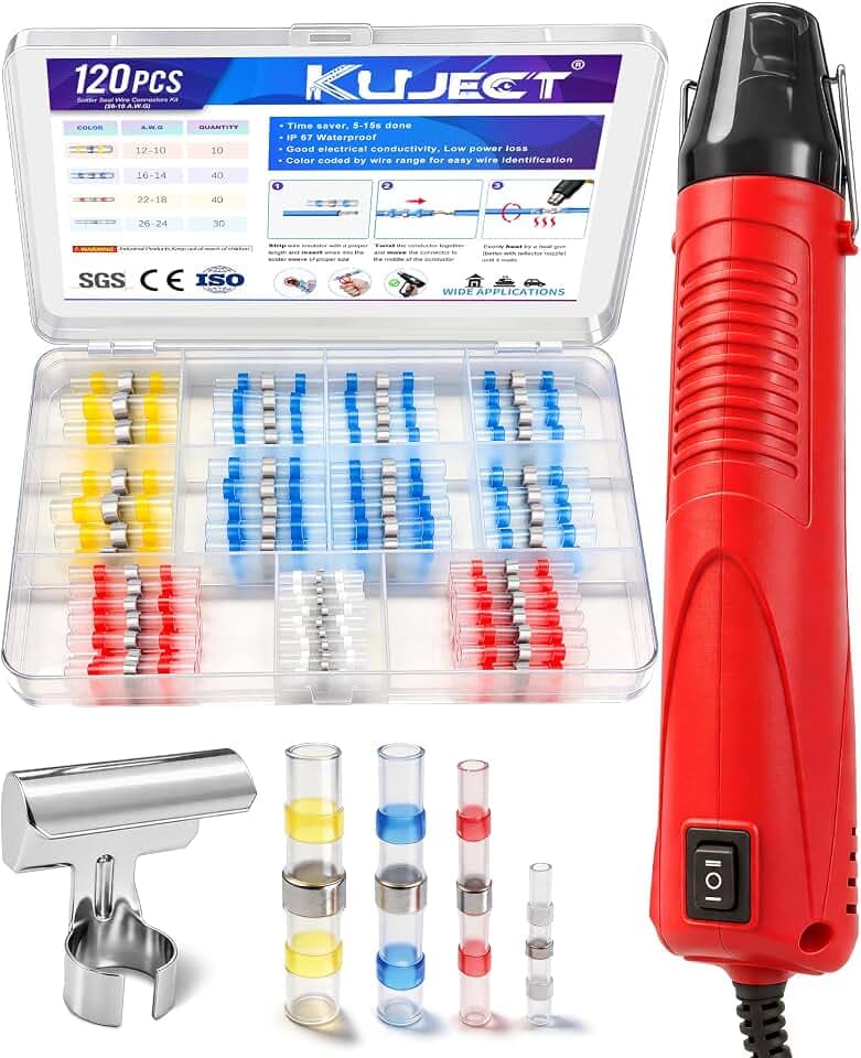 Kuject Mini Heat Gun, 120PCS Solder Seal Wire Connectors Kit, 350W Dual-Temp Heat Gun for Shrink Tubing, Waterproof Heat Shrink Wire Repair Kit with Solder Stick for Marine Automotive Truck, AWG 26-10
