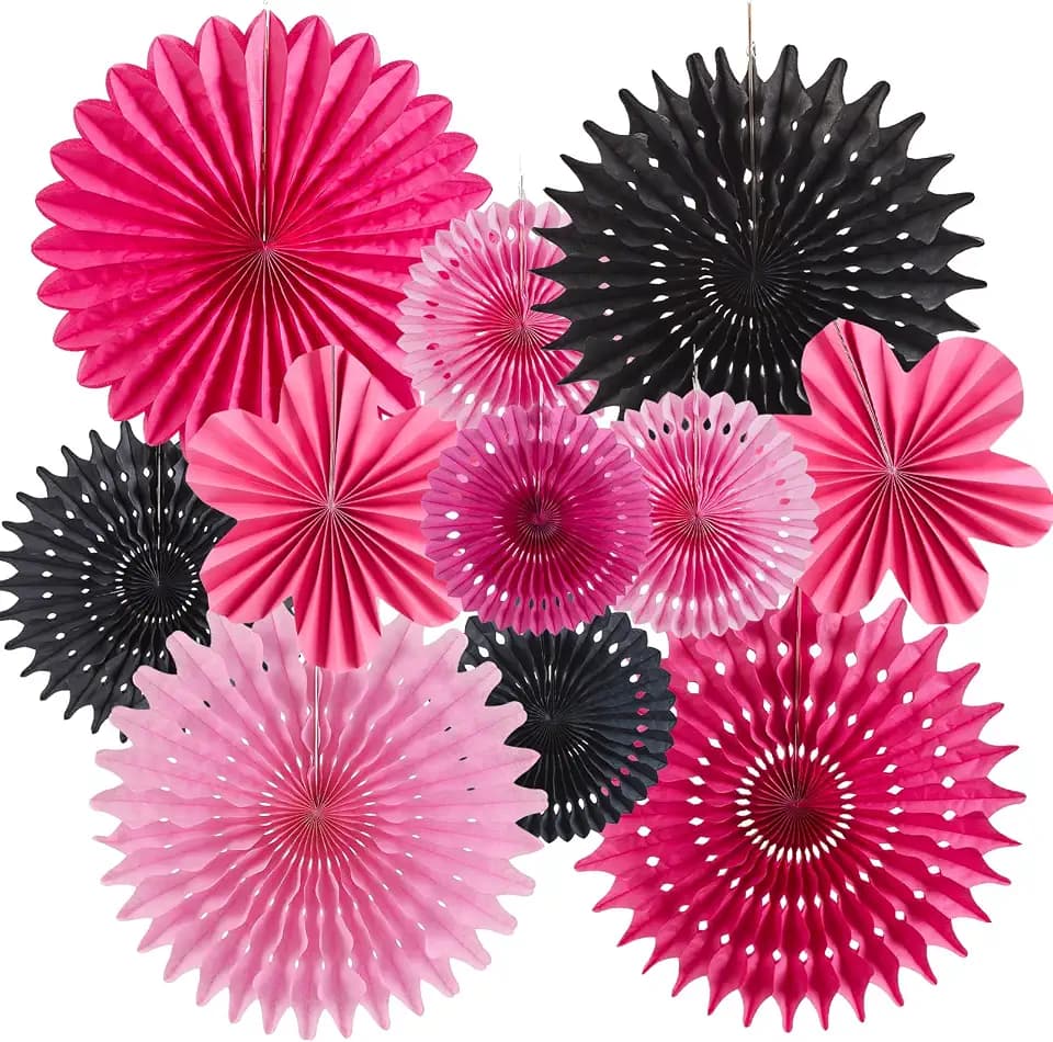 11PCS Hanging Paper Fans Decorations Pink Black Birthday Party Decorations
