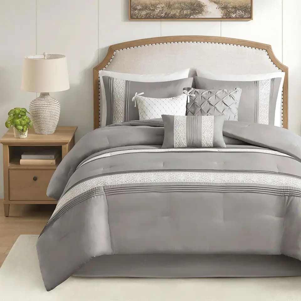 Madison Park Farmhouse Lace Pintuck Grey Queen Comforter Set, 7pc