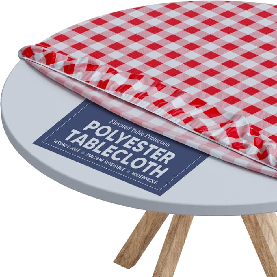 Round Tablecloth of Polyester -Fitted with Elastic, Water Proof, Washable, Fits for Table 36 Inches Round, Checked Red Design, for Indoor/Outdoor Kitchen and Picnic and More...