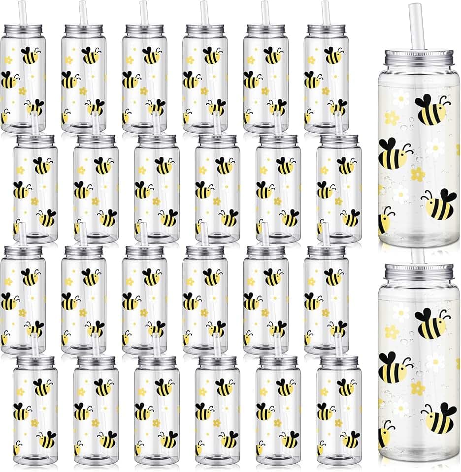 SiliFine 24 Pack Bee Party Favors Bee Cups with Lids and Straws 13.5oz