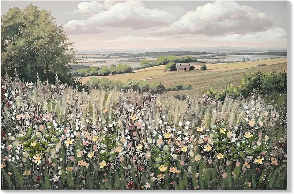 GDFStudio Meadow with Flowers Canvas Wall Art Farmhouse Painting, Vintage Cottagecore Landscape Artwork, Gallery Wrapped Wall Decor for Bathroom Bedroom Living Room, 24x36 Inch, Green+Ivory