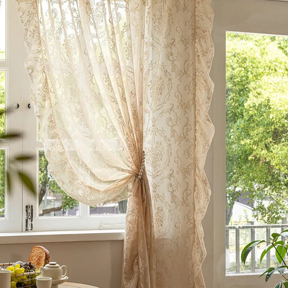 Deeprove Beige Lace Curtains 63 inches Length 2 Panels Set Sheer Boho Florals Embroidery Vintage 70S Window Treatment Pair Mid Century Decor Drapes for Bedroom Living Room Rod Pocket W55 x L63