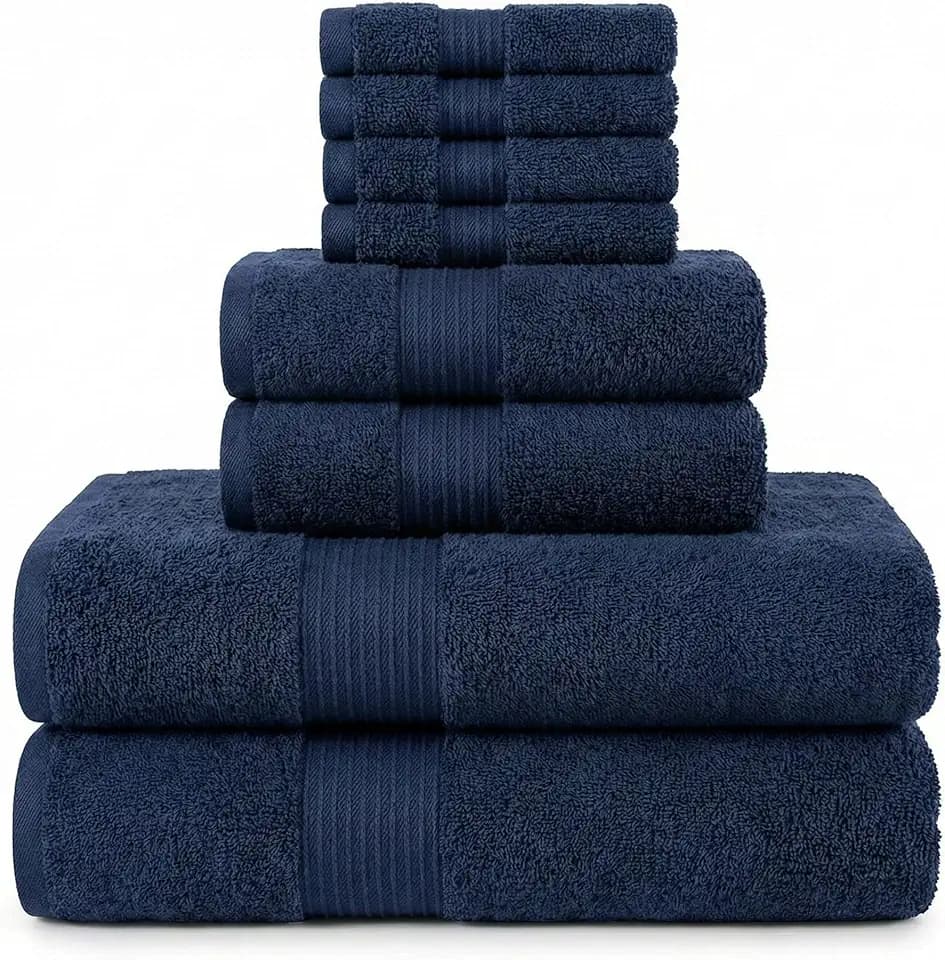 8-Piece Luxury Bath Towel Set, 650 GSM 100% Combed Cotton, Highly Absorbent Towels for Bathroom, Gym, Hotel, and Spa, Navy Blue