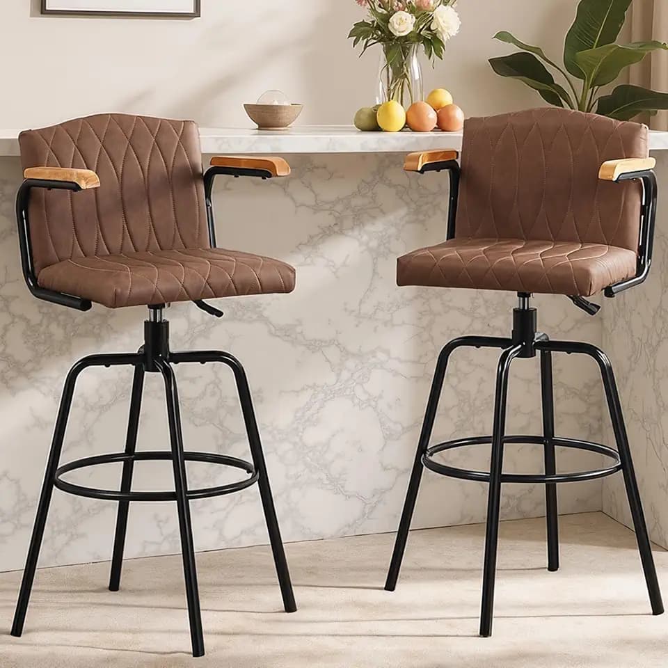 VECELO Adjustable Swivel Bar Stools Set of 2, Upholstered Faux Leather Bar Chairs with Back & Armrests, Modern 4-Leg Frame Barstools for Kitchen Island & Bar