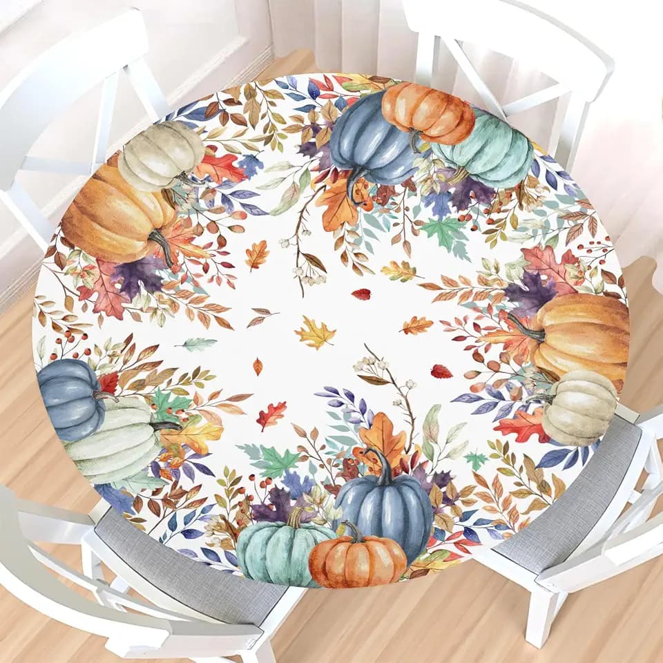 Fall Round Fitted Tablecloth with Elastic Edge,Water-Resistant Picnic Autumn Blue Orange Leaf Pumpkin Table Cover for 36-40" Found Tables Harvest Thanksgiving Table Cloth for Dinner,Outdoor,Patio